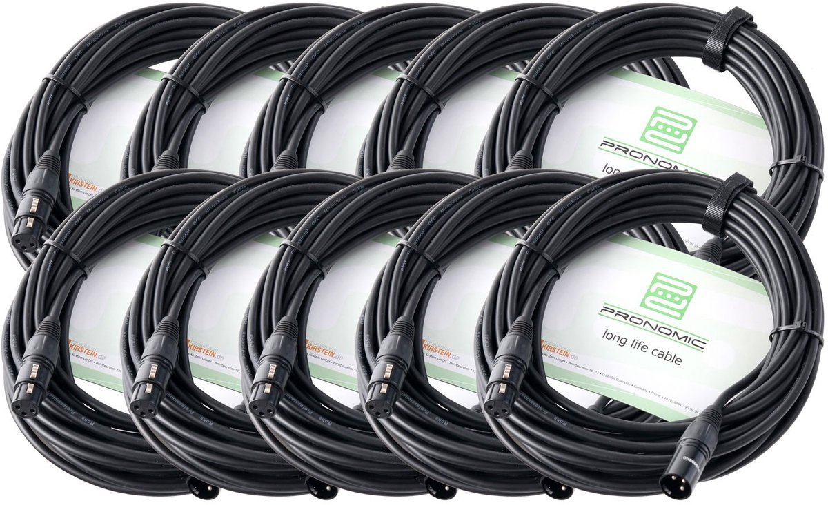 Microfoonkabel set van 10 - 10 meter XLR naar XLR, handgesoldeerd en sterk, zwart