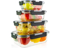 4 Stackable Leakproof Glass Food Boxes with Tritan Lid - Dishwasher Oven Freezer Microwave Safe - Tableware Storage Boxes - Set of 370ml 650ml 1050ml 1500ml