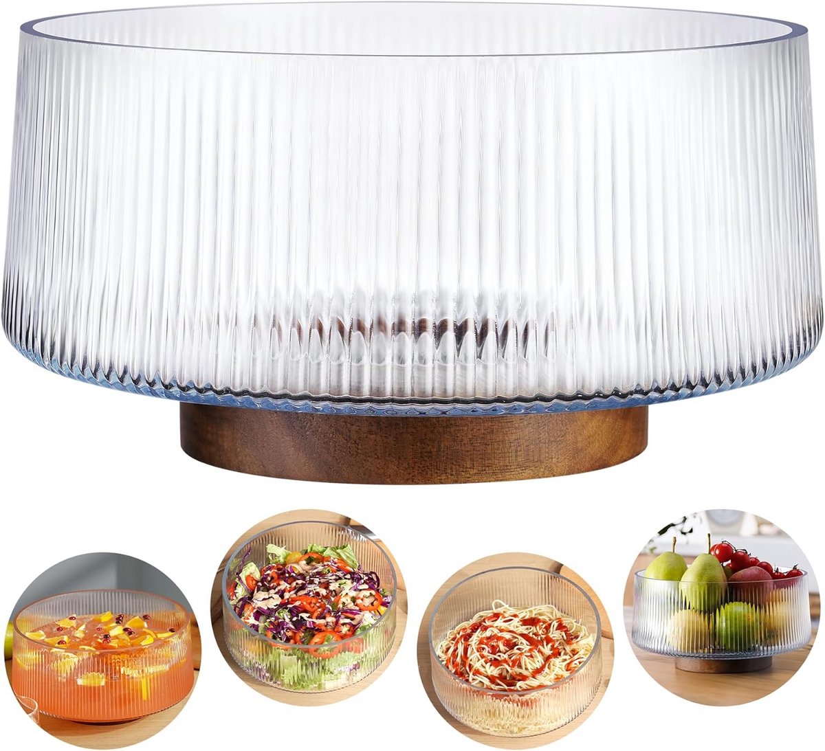 Extra Large 4500ml Glass Salad Bowl with Natural Wood Base for Dinners and Gatherings