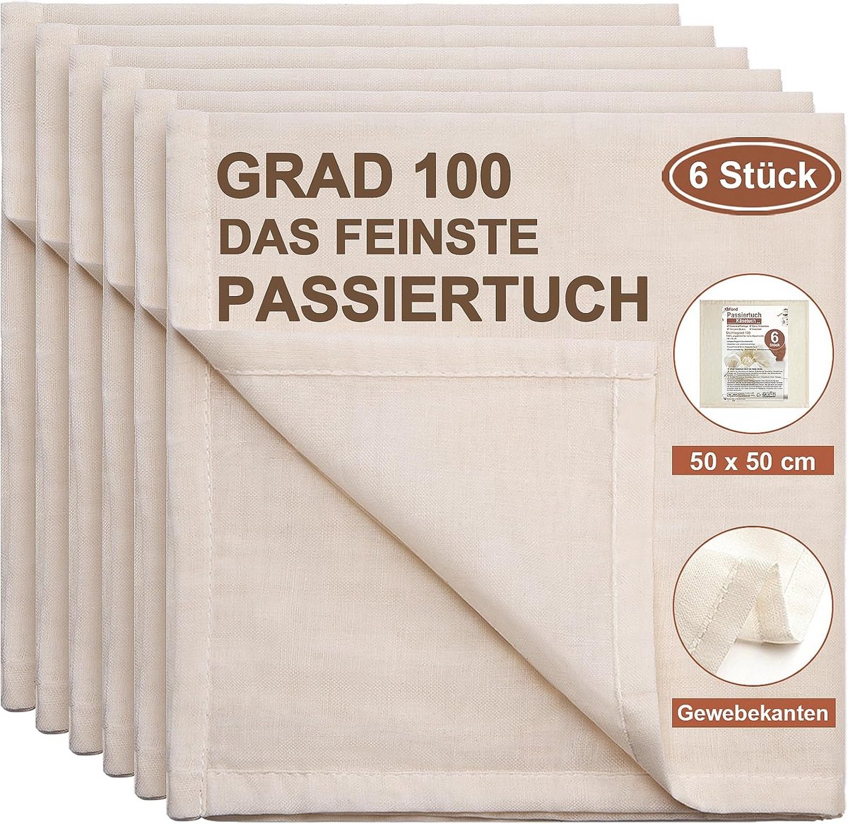 Hennep Cheesecloth voor Koken - Set van 6 Herbruikbare Kaasdoeken 50x50cm