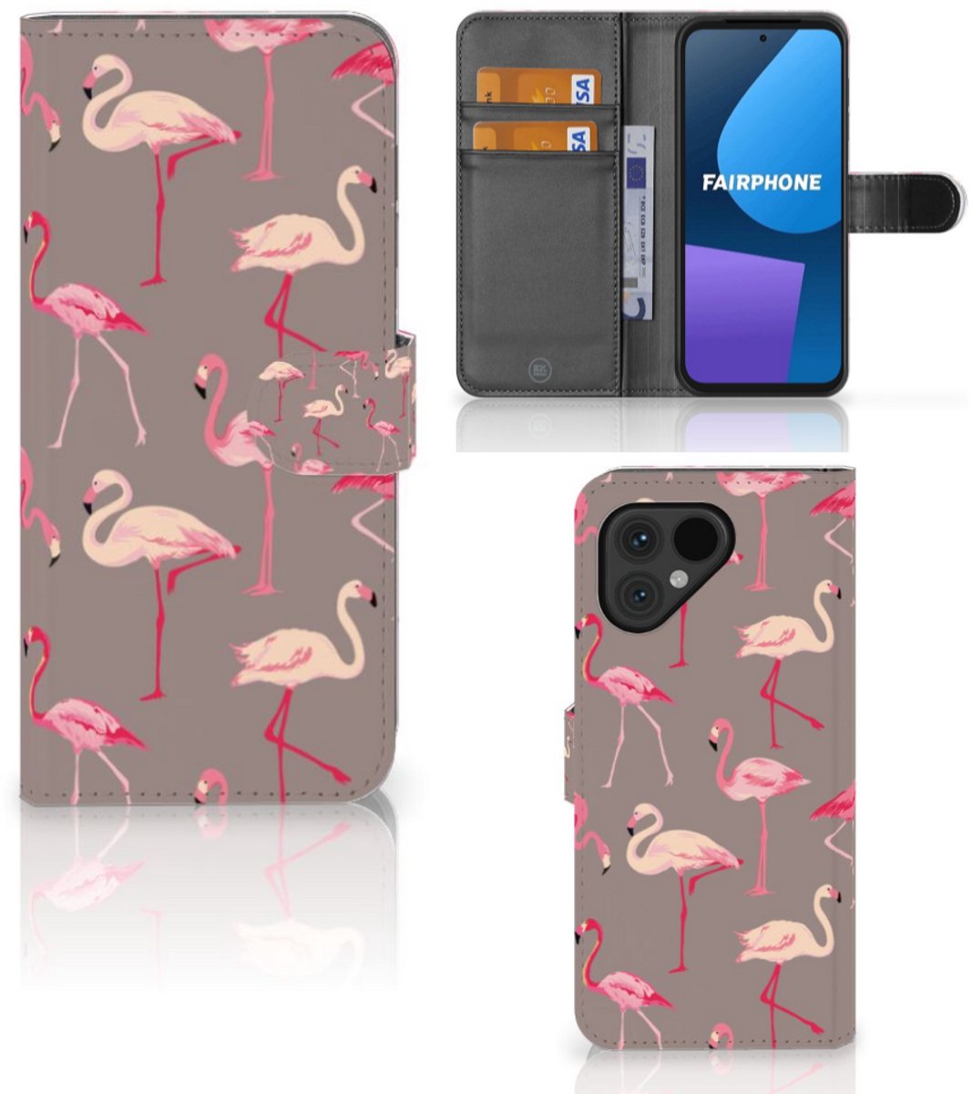 Book Case voor Fairphone 5 Telefoonhoesje met Pasjes Flamingo