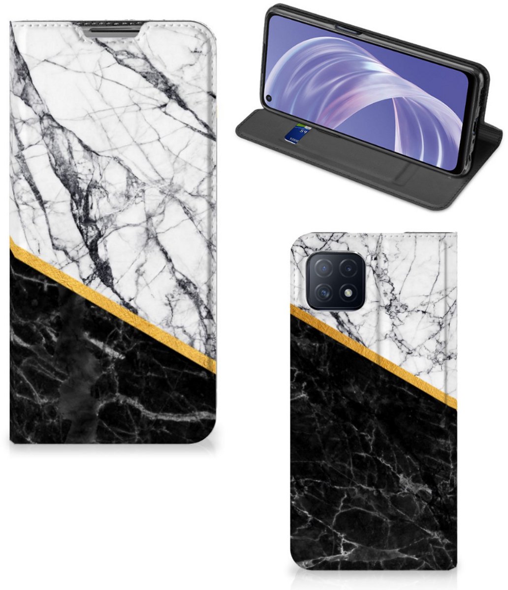 OPPO A73 5G Standcase Marmer Wit Zwart - Origineel Cadeau Man