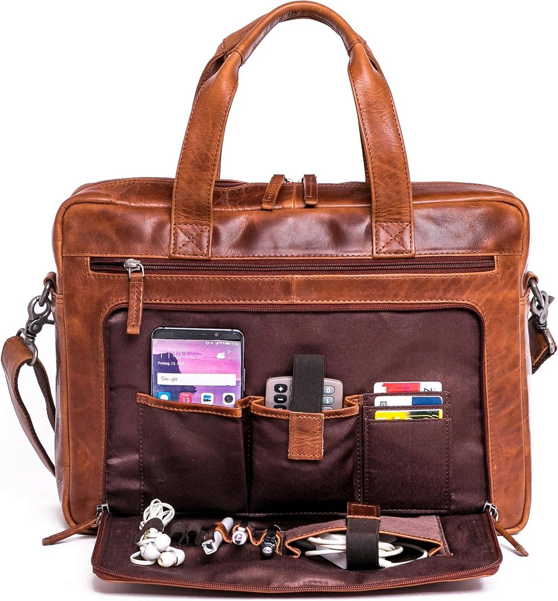 Leren laptoptas met schouderriem - Premium rundleer, ideaal voor werk en studie