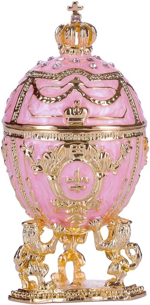 Faberge-stijl juwelendoos met leeuwen en keizerskroon - 7,5 cm roze