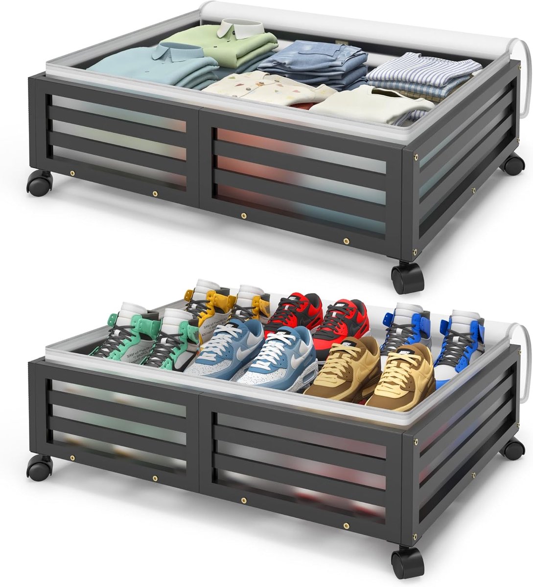 Opbergcontainers voor onder het bed met wielen, bamboe, 48L, stofdicht en stapelbaar
