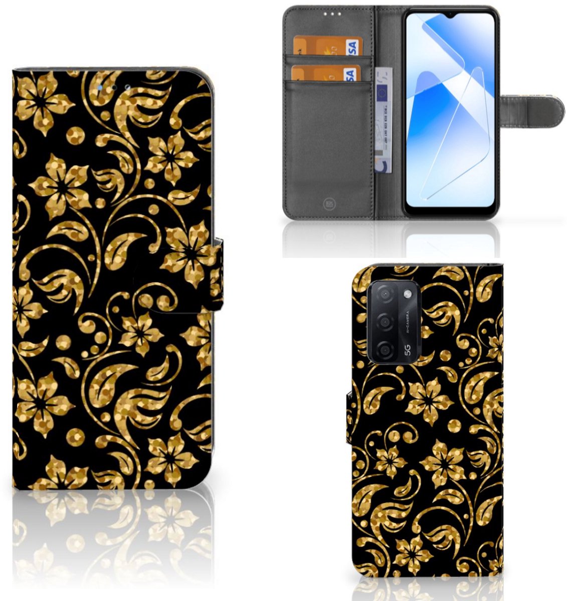 OPPO A16/A16s/A54s Hoesje Gouden Bloemen