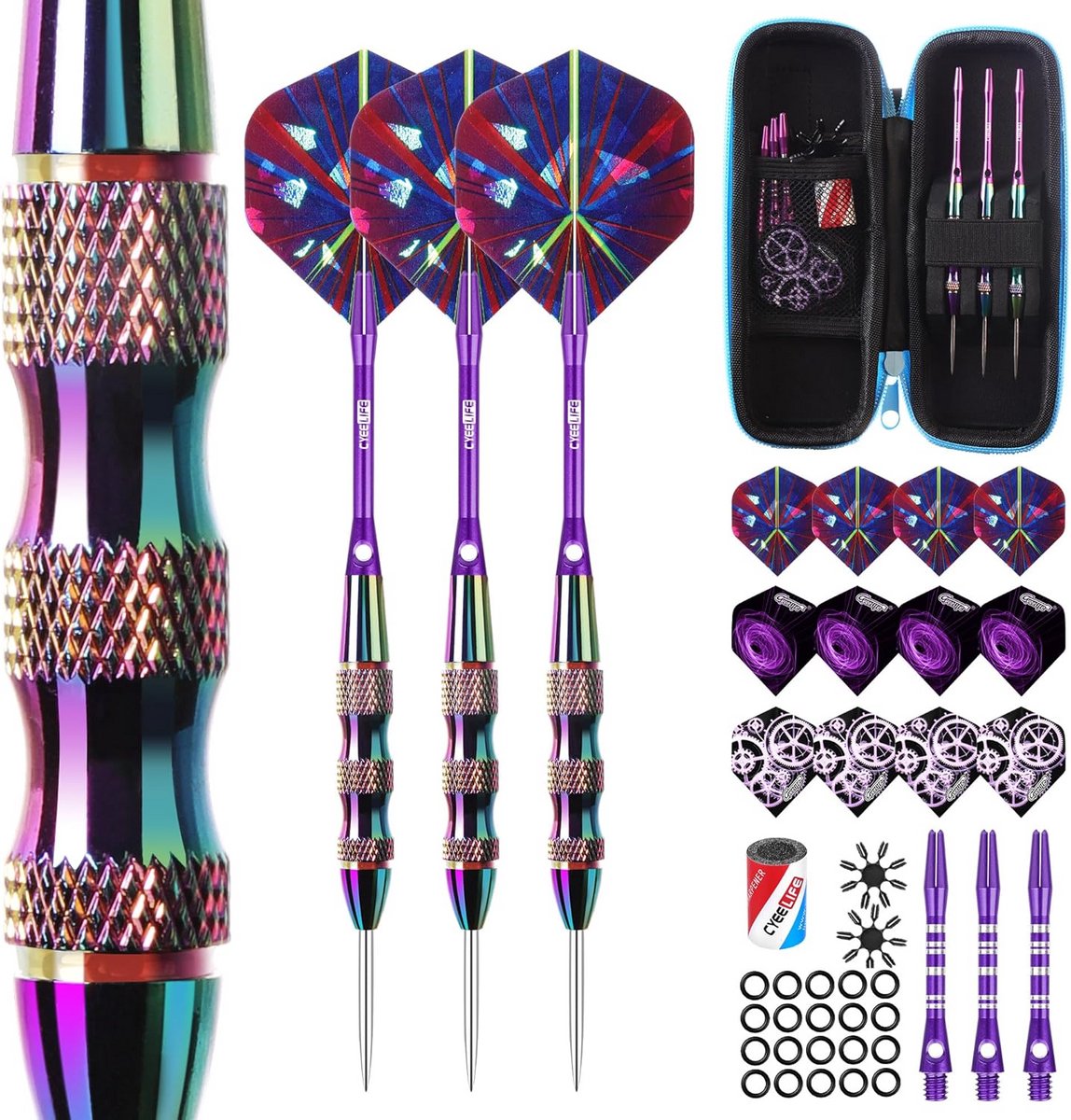 Professionele Dartpijlen Set met Metalen Punt - 22 Gram, 3 Stuks, Inclusief 6 Aluminium Schachten en 12 Flights - Compleet met Slijper en Dartcase
