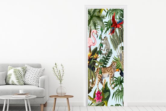 Sticker pour porte Jungle - Animaux - Filles - Enfants - Garçons - Flamingo - Perroquet - 85x215 cm - Poster de porte