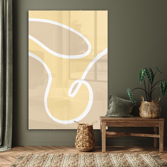 MuchoWow® Peinture sur verre 100x150 cm - Peinture sur verre acrylique - Abstrait - Formes - Jaune - Wit - Photo sur verre - Peintures