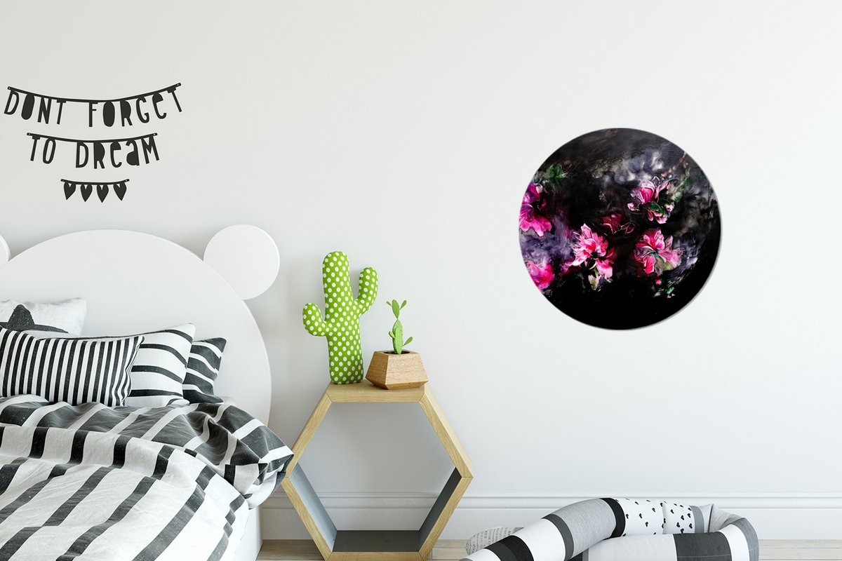 WallCircle - Wandcirkel - Muurcirkel - Bloemen - Kunst - Verf - Roze - Zwart - Aluminium - Dibond - 30x30 cm - Binnen en Buiten