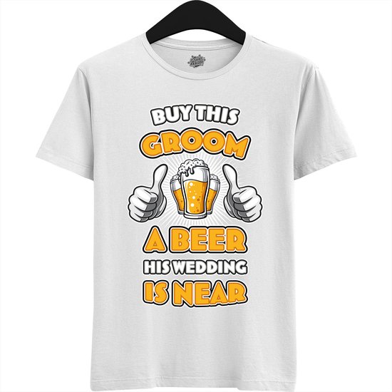 Buy This Groom A Beer | Vrijgezellenfeest Cadeau Man - Groom To Be Bachelor Party - Grappig Bruiloft En Bruidegom Bier shirt - T-Shirt - Unisex - Wit - Maat 4XL