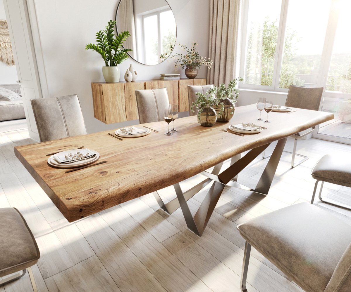 Eetkamertafel Edge acacia natuur 280x100 XL Spider staal roestvrij staal Live-Edge
