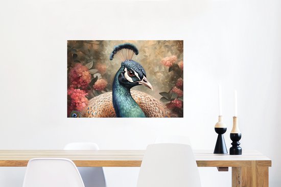 Affiche Paon - Vogel - Fleurs - Plantes - Plumes de Paon - 60x40 cm