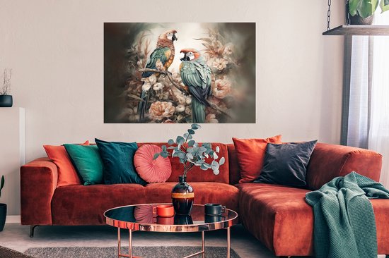 Poster Perroquets - Vogels - Nature - Fleurs - 120x90 cm