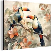 Wanddecoratie Metaal - Aluminium Schilderij Industrieel - Toekan - Vogels - Bloemen - Tak - 80x60 cm - Dibond - Foto op aluminium - Industriële muurdecoratie - Voor de woonkamer/slaapkamer