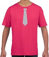 Stropdas zilver glitter t-shirt roze voor kinderen XL (158-164)