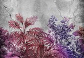 Fotobehang - Vlies Behang - Rood en Paarse Planten en Bladeren op Betonnen Muur - 312 x 219 cm