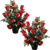 Louis Maes Kunstbloemen in pot - 2x - rood - H35 cm - Bloemstuk ornament - rozen/gipskruid met bladgroen