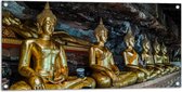 Tuinposter – Rijen Gouden Boeddha's in Wat Tham Khuha Sawan Tempel in Thailand - 100x50 cm Foto op Tuinposter (wanddecoratie voor buiten en binnen)