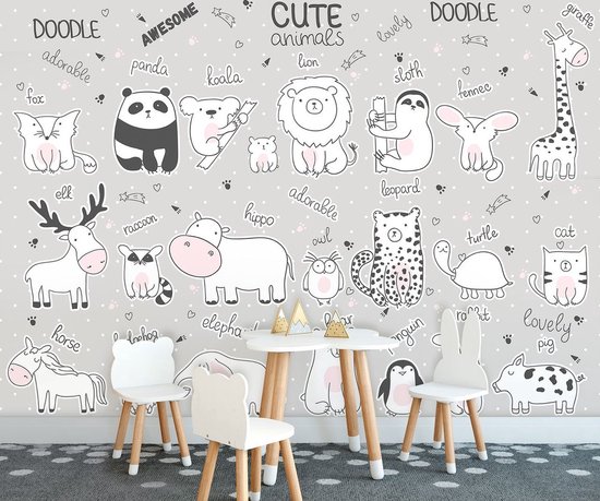 Papier peint photo - Papier peint intissé - Animaux mignons - Animaux heureux - Papier peint pour enfants - 208 x 146 cm