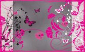 Fotobehang - Vlies Behang - Roze Vlinders en Bloemen Kunst - 368 x 254 cm