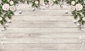 Fotobehang - Vlies Behang - Houten Planken met Witte Rozen - 312 x 219 cm