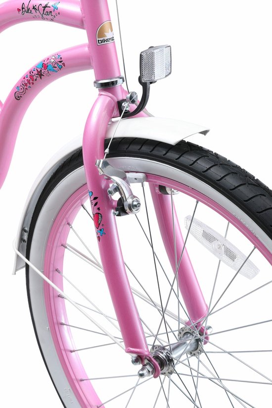 Vélo d'enfant rose avec jantes blanches, décorations et logo 'Bike & Star'.