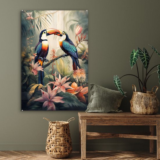 MuchoWow® Peinture sur verre - Toucan - Vogels - Fleurs - Nature - Jungle - 80x120 cm - Peintures sur verre acrylique - Photo sur Glas