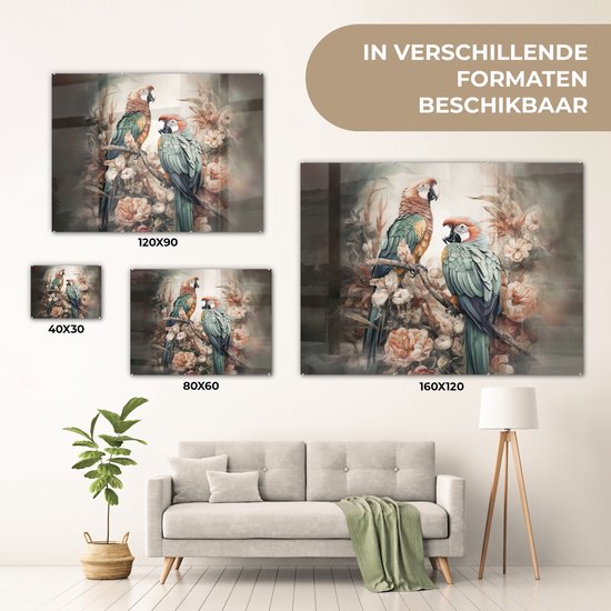 MuchoWow® Peinture sur verre 80x60 cm - Peinture sur verre acrylique - Perroquets - Vogels - Nature - Fleurs - Photo sur verre - Décoration murale salon - Décoration murale chambre - Peintures