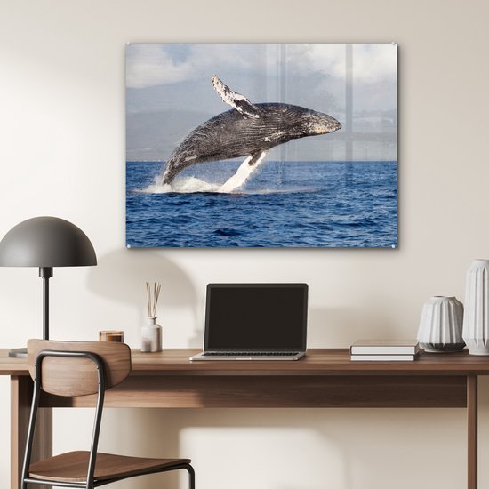 MuchoWow® Peinture sur verre 80x60 cm - Peinture sur verre acrylique - Une baleine à bosse sautant hors de l'eau - Photo sur verre - Peintures