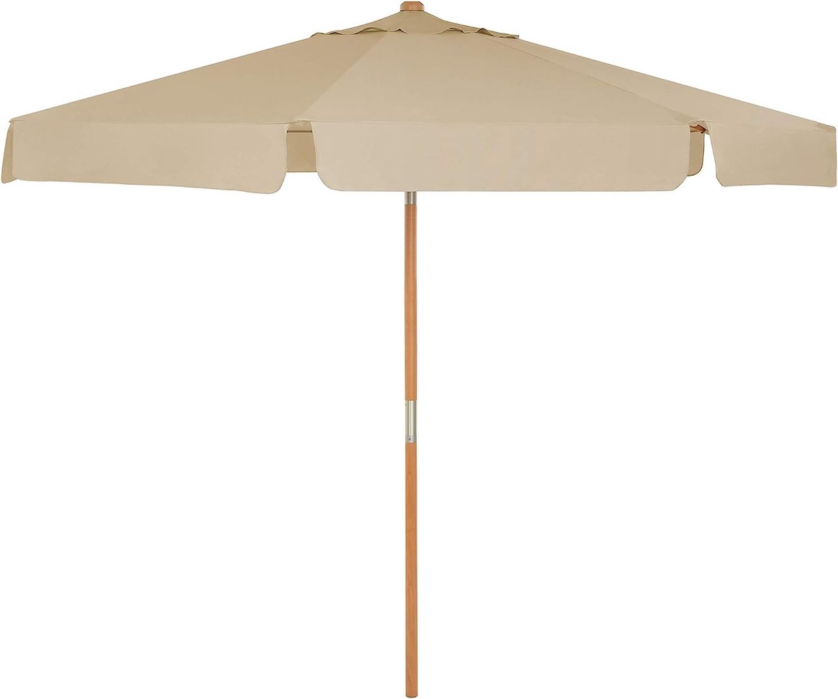 Parasol voor de tuin, 3 m, achthoekig, met zonwering, stang en stutten van hout, kantelbaar, sokkel niet inbegrepen, voor terras, balkon, buiten, taupe