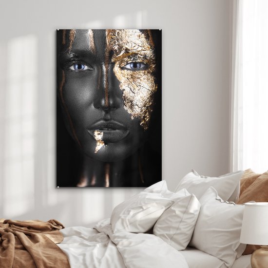 MuchoWow® Tableau sur Verre - Femme - Feuille d'Or - Zwart - Or - Luxe - 80x120 cm - Peintures sur Verre Acrylique - Photo sur Glas