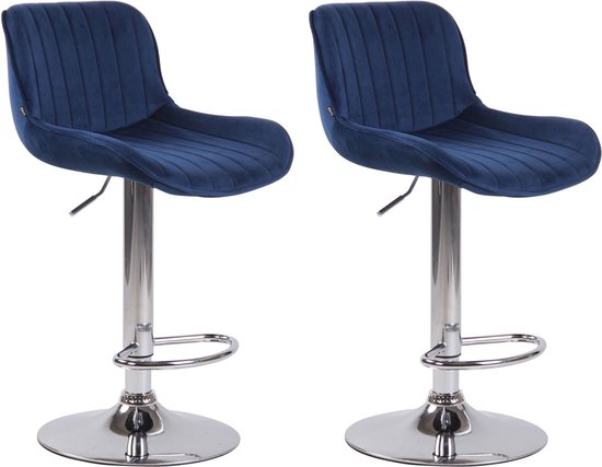 Barkruk Lentos velvet - Blauw chroom - Zithoogte 60-82 cm - Set van 2 - In hoogte verstelbaar - Voor keuken en bar - Met rugleuning - Ergonomische barstoelen