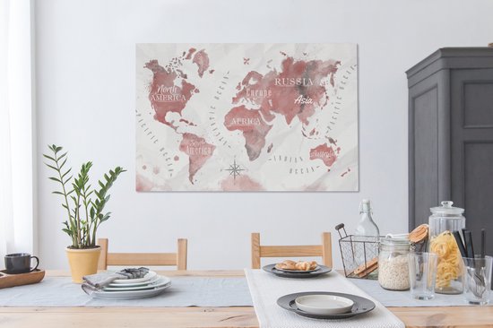 Peintures Toile Wereldkaart - Peinture - Rose - 120x80 cm - Décoration murale