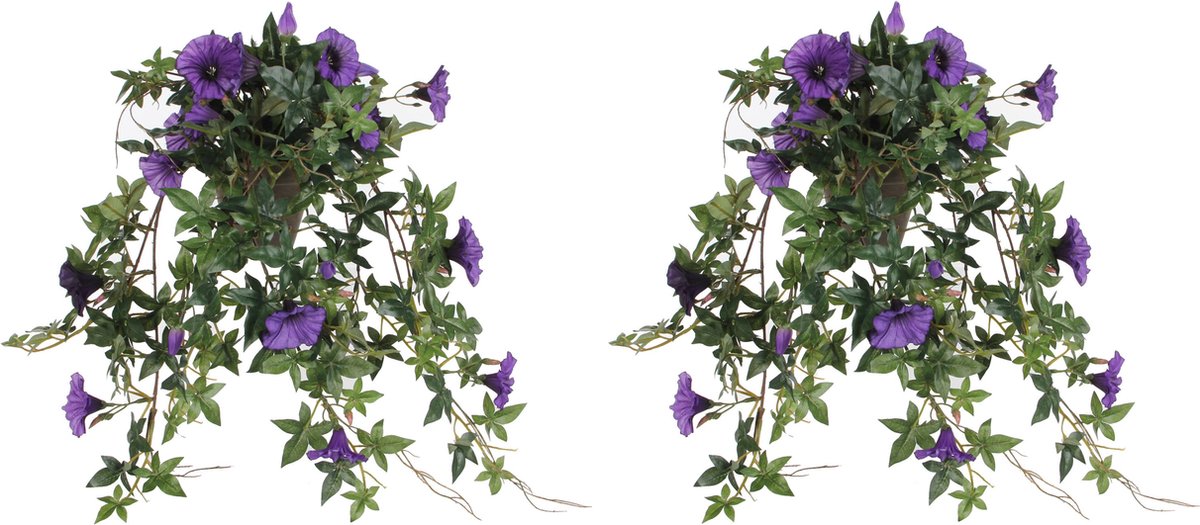 Mica Decorations Kunstplant Petunia - 2x - paars - 50 cm - kunst hangplanten