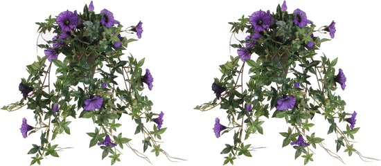 2x stuks groene Petunia kunstplant met paarse bloemen 50 cm - Kunstplanten/nepplanten hangplanten
