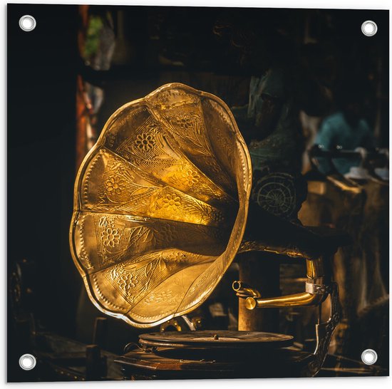 Tuinposter – Gouden Glimmende Grammofoon - 50x50 cm Foto op Tuinposter (wanddecoratie voor buiten en binnen)