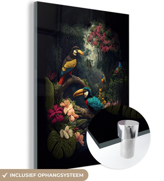 MuchoWow® Glasschilderij 60x80 cm - Schilderij acrylglas - Bloemen - Vogel - Jungle - Planten - Foto op glas - Schilderijen