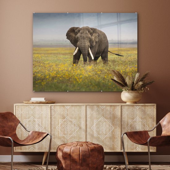 MuchoWow® Peinture sur verre 120x90 cm - Peinture sur verre acrylique - Éléphant - Fleurs - Herbe - Animaux - Nature - Photo sur verre - Peintures