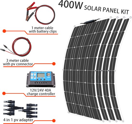 Foto: Dakta zonnepanelen compleet pakket 400 watt 12 volt camper plat dak met accu laadregelaar stekkers