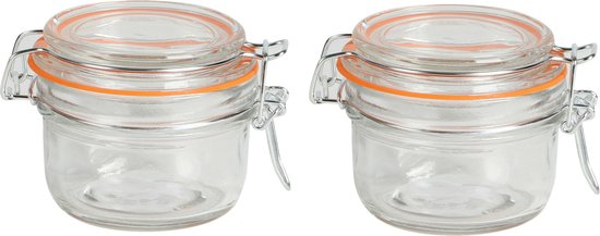 Deux bocaux en verre avec joints en silicone orange et fermetures à levier en métal.