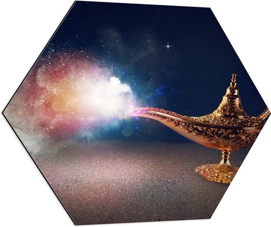 Dibond Hexagon - Magische Gouden Lamp met Kleurrijke Rook - 70x60.9 cm Foto op Hexagon (Met Ophangsysteem)
