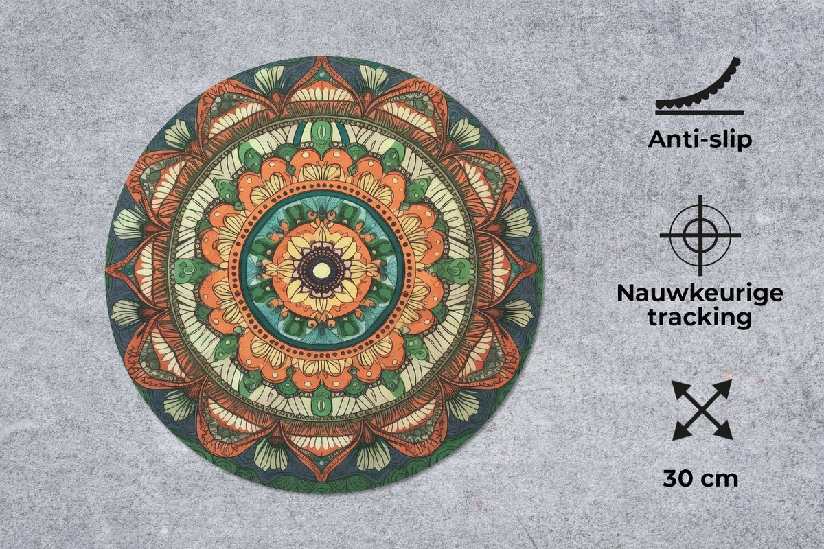 Muismat rond 30x30 cm - Mousepad Mandala - Hippie - Bloemen - Oranje - Ronde muismatten