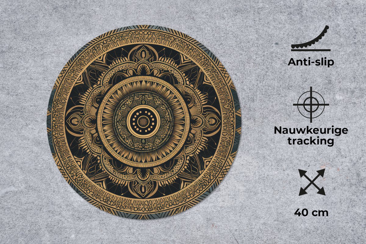 Muismat rond 40x40 cm - Mousepad Mandala - Goud - Bohemian - Luxe - Ronde muismatten