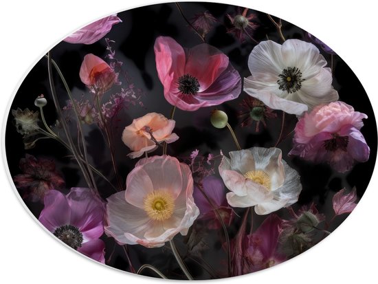 PVC Schuimplaat Ovaal - Boeket van Stilleven in Witte en Roze Kleuren - 40x30 cm Foto op Ovaal (Met Ophangsysteem)