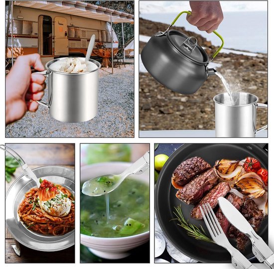 Campingservies, 16 stuks, voor 2 personen, outdoor kookgerei van aluminium en roestvrij staal, opvouwbaar, mini-campingkooktoestel voor outdoor, servies, picknick en wandelen van Camp — afbeelding 3