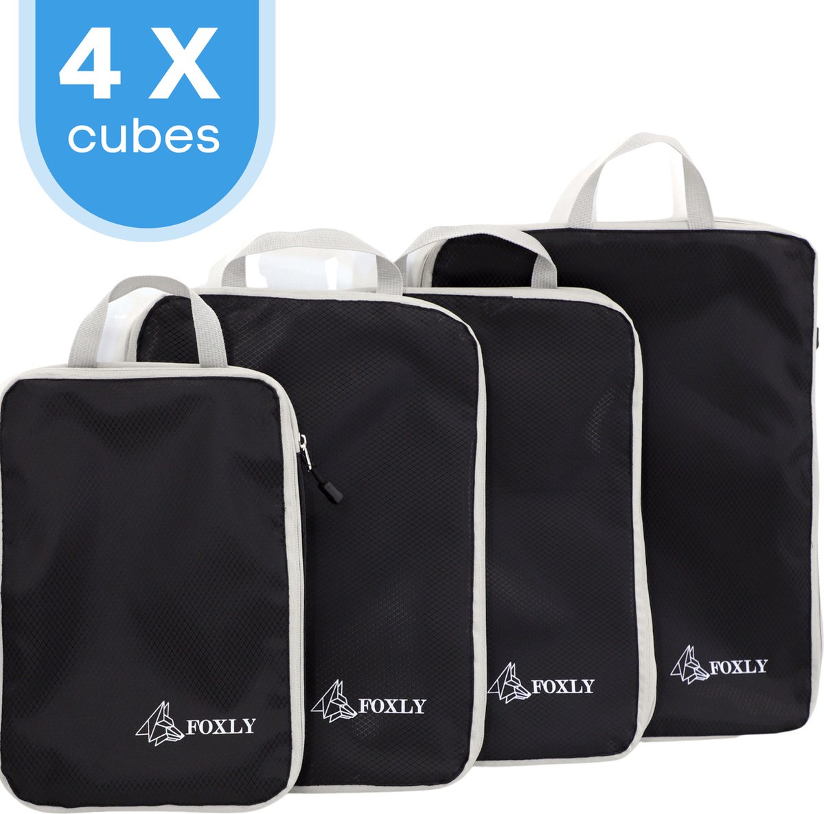 FOXLY® Compression Packing Cubes 4-delige set - Koffer Organizer - Zwart