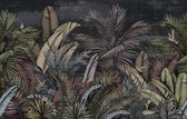 Fotobehang Pattern Wallpaper Jungle Tropical Drawings Of Palms Trees And Birds Of Different Colors With Birds And Black Background - Vliesbehang - 416 x 290 cm