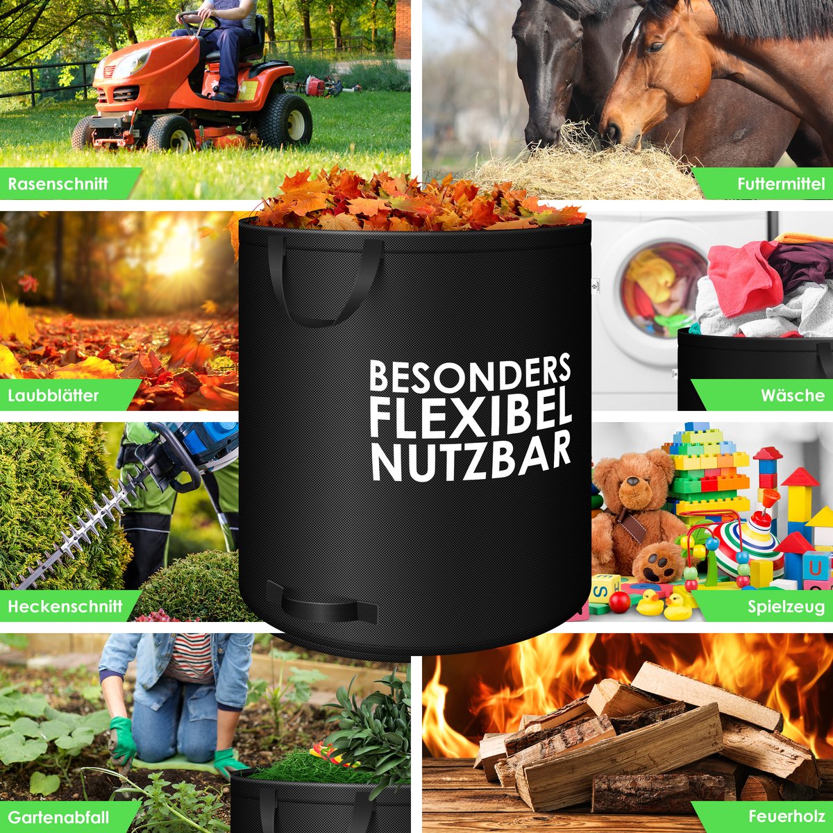 KESSER® Tuinzak, 4 x 500 liter, set van 4 stuks, bladzak, tuinafvalzak incl. handschoenen, zelfstaand, 4 handgrepen, stabiel, robuust en opvouwbaar, voor tuinafval, groen gesneden, zwart