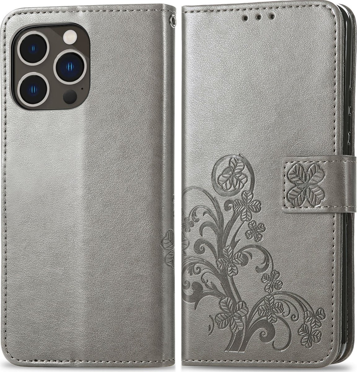 Mobigear Telefoonhoesje geschikt voor Apple iPhone 15 Pro Max Hoesje | Mobigear Clover Bookcase Portemonnee | Pasjeshouder voor 3 Pasjes | Telefoonhoesje voor Pinpas / OV Kaart / Rijbewijs - Grijs